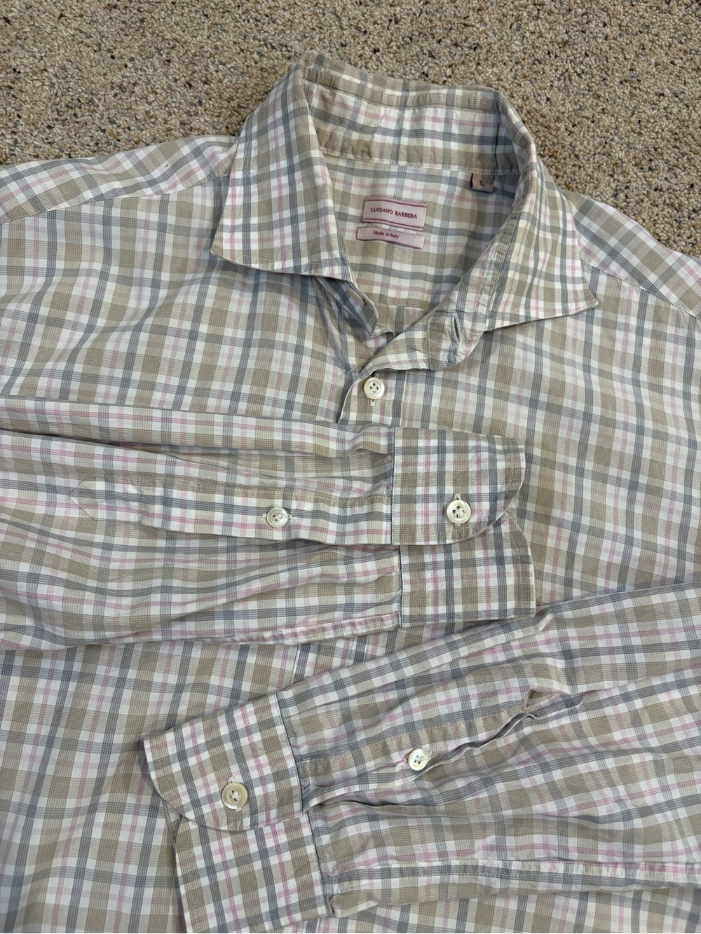 Luciano Barbera Men's Plaid Button-Down Shirt in Beige and Light Pink Flaws